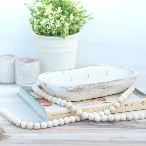 Rustic Wooden Bowl Candle- White